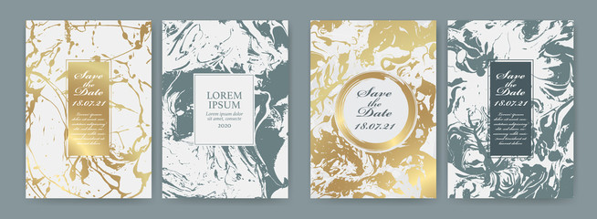 Poster - Set of design templates with golden texture, marble effect. Luxury and elegance. Goldand white color.