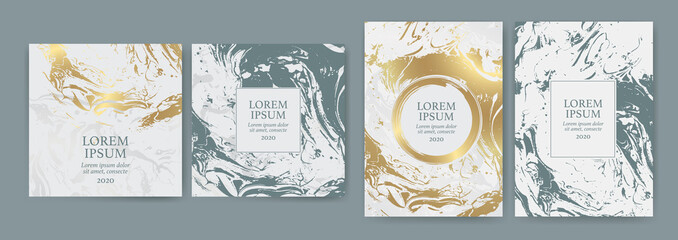 Poster - Set of design templates with golden texture, marble effect. Luxury and elegance. Goldand white color.