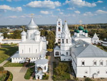 Aerial Summer View Of Wight Nikitskiy Monastery With Silver Domes In Pereslavl Zalessky, Yaroslavl Region, Russia. Golden Ring Of Russia