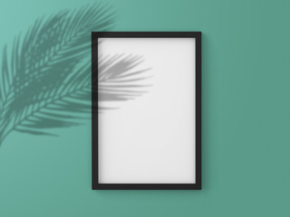 Mockup blank photo frame with shadow leaf on the wall.