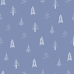 Christmas tree vector seamless, repeat pattern. White trees on blue background. Doodle trees, hand drawn illustration for background, print or textile design.