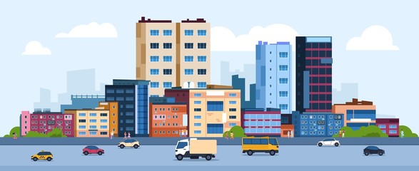 Urban landscape. Modern cartoon cityscape with buildings cars and street, flat urban downtown background. Vector illustration city scene with color residential panoramic view on downtown