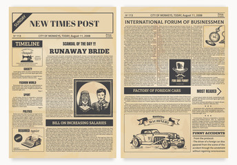 Vintage newspaper. Retro articles and old pictures with retro illustrations, realistic magazine pages template. Vector isolated modern design layout yellow page