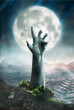 scary zombie hand sticking out of the ground on moon background happy Halloween