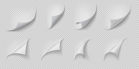 Aufkleber - Curled page corner. Folded and rolled paper corner set isolated on transparent background. Vector isolated white curling book page or twisted leaves like peel effect set