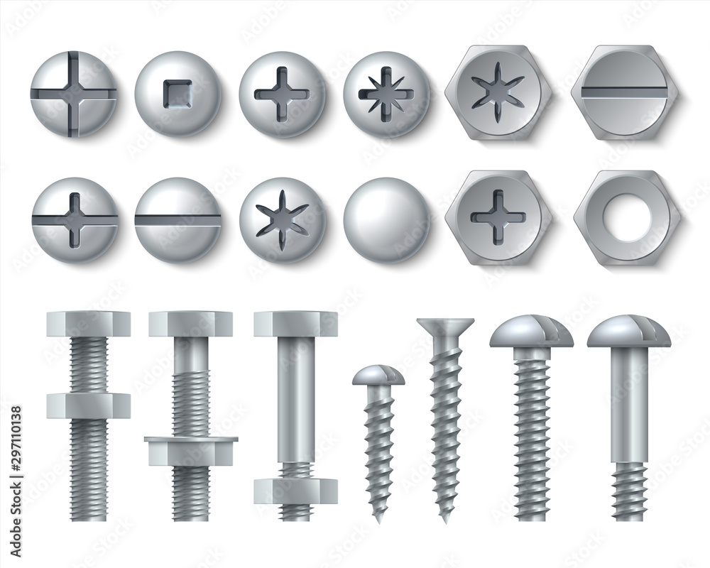 Metal bolt and screw. Realistic steel nails, rivets and stainless self-tapping screw heads with nuts and washers. Vector illustration repair set isolate fasteners for equipment tool and furniture - obrazy, fototapety, plakaty 