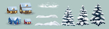 Set Of Cute Christmas Landscape, Town And Village. Houses, Snow And Trees. Isolated Winter Vector Objects, Flat Design. Set Of Winter