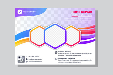Poster - Horizontal vector background template for page covers, flyers, leaflets or advertising billboards liquid wave shape. gradient blue and pink colors. hexagon layout space for photo collage. 
