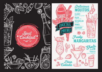 Wall Mural - Cocktail drink menu template for restaurant with doodle hand-drawn graphic.