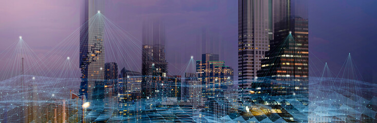 Fototapete - Wireless network and Connection technology concept with Abstract buildings and city background