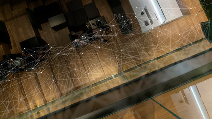 Poster - Above view of Hipster guy surfing network, connecting with people and shopping in data center.