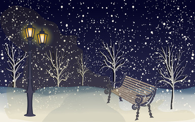 Winter night park - Street lamp, bench, falling snow, trees - vector. Rest at nature. Travel poster.