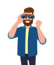 Hipster Bearded Man In Casual Wear Looking Through Binoculars And Gesturing, Making Success Sign With Raised Hand Fist. Male Character Is Holding A Binocular. Modern Lifestyle, Technology In Cartoon.