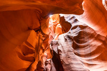 Low Wide Angle View Of Shadows And Light At Upper Antelope Slot Canyon With Wave Shape Abstract Formations Of Red Orange Rock Layers Sandstone In Page, Arizona