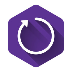 Poster - White Refresh icon isolated with long shadow. Purple hexagon button. Vector Illustration