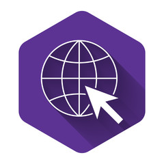 Poster - White Go To Web icon isolated with long shadow. Globe and cursor. Website pictogram. World wide web symbol. Purple hexagon button. Vector Illustration