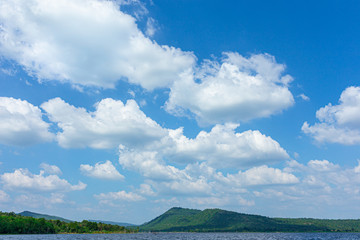 Blue sky and beautiful clouds on the mountains and lake