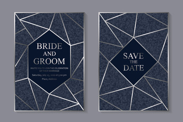 Set of modern geometric luxury wedding invitation design or card templates for business or presentation or greeting with silver lines and navy blue rhombus and hexagon on a glitter background.