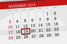 Calendar Planner For The Month November 2019, Deadline Day, 19, Tuesday