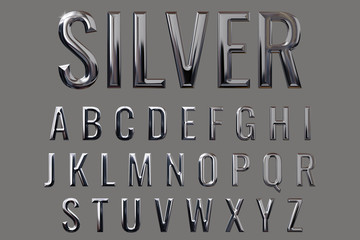 alphabet letter set with glossy metal texture (chrome, steel, silver) isolated on grey background, 3