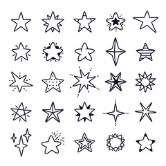 Wall Mural - Doodle stars. Hand drawn line star isolated set, black stars vector modern illustration