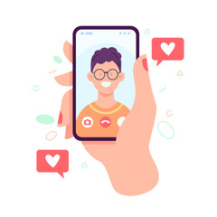 Poster - Video call with loved one. Female hand holding smartphone with boyfriend on screen. Finger touch screen. Video call concept. Vector flat cartoon illustration
