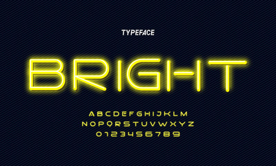 Poster - Yellow neon light glowing alphabet. Vector.