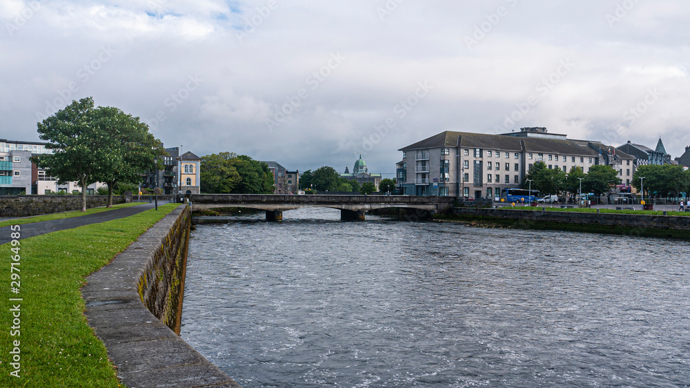 City center Galway and the River Corrib with old buildings, bridges ...