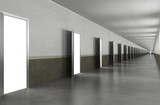 Fototapeta Przestrzenne - long corridor with doors, interior visualization, 3D illustration