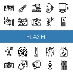 Wall Mural - Set of flash icons such as Camera, Spotlight, Spark, Photographer, Amateur camera, Studio lighting, Hard disk, Sticks, Shocked, Flashlight, Spotlights, Tripod, Instant camera , flash