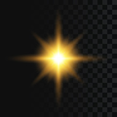 Poster - Flash or star burst, light effect on transparent background. Abstract sparkle, golden glowing flash with gold rays and lights. Vector illustration.