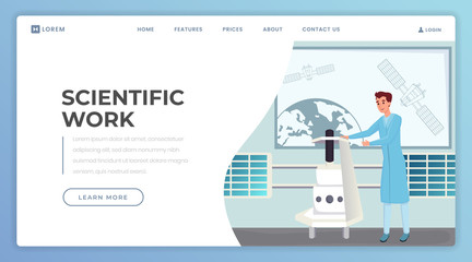 Scientific work landing page vector template. Modern science and technology website homepage interface idea with flat illustration. Professional research web banner, webpage cartoon concept