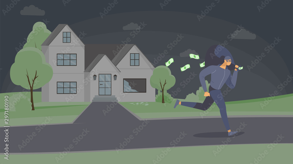 Robber stealing cash flat vector illustration. Dangerous criminal in mask escaping with money bag cartoon character. Thief running away after housebreak, burglar in disguise leaving crime scene