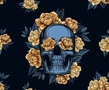 Metal Skull With  Floral Golden Roses Wreath, Vector Illustration Of Day Of The Dead Dia De Muertos In Spanish Language For Celebration Concept Poster Banner Design, Textile Pattern
