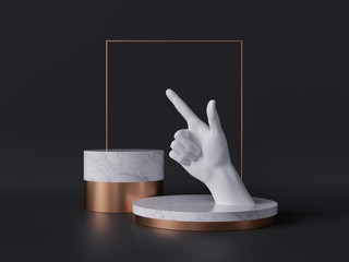 Wall Mural - 3d rendering of white hand, pointing finger, recommendation concept, marble pedestal isolated on black background, gold square frame, blank cylinder podium, simple clean design, luxury minimal mockup