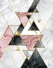 Wall Mural - Abstract geometric background. Modern marble mosaic inlay. Black white pink gold triangles. Art deco wallpaper, artificial stone texture.