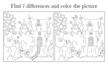 Find Seven Differences And Paint A Picture. A House On A Stump In The Forest And A Squirrel With A Nut And A Mushroom. Vector