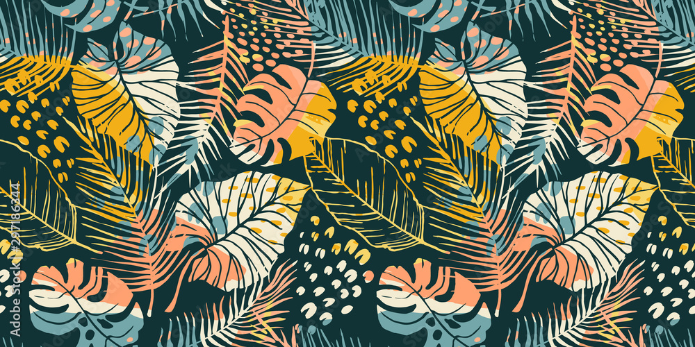 Abstract creative seamless pattern with tropical plants and artistic background. - obrazy, fototapety, plakaty 