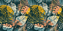 Abstract Creative Seamless Pattern With Tropical Plants And Artistic Background.