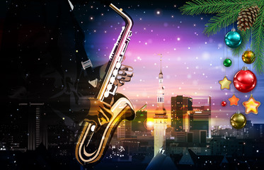 christmas pink music illustration with saxophone player on cityscape of tallinn background