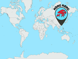 Fototapete - Global world map silhouette with geolocation and contour of asian Hong Kong. original colors and proportion. All countries silhouette. Beauty vector illustration, from countries set