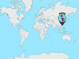 Fototapete - Global world map silhouette with geolocation and contour of asian chinese Macau. original colors and proportion. All countries silhouette. Beauty vector illustration, from countries set
