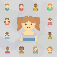 Sticker - avatar of girl with pigtails colored icon. Universal set of kids avatars for website design and development, app development