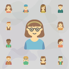 Sticker - avatar of girl with glasses colored icon. Universal set of kids avatars for website design and development, app development