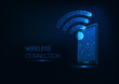 © Inna - Futuristic glowing low polygonal tablet with WiFi symbol on dark blue background.