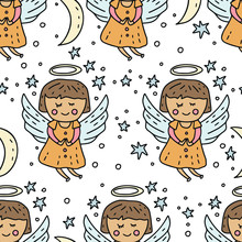 Winter Seamless Vector Pattern. Christmas Doodle Cartoon Illustration With Cute Baby Angel Among Stars. Fairy Heaven Girl.