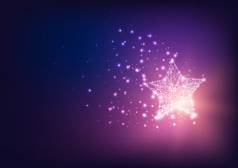 futuristic magical bright glowing star with stardust on dark blue to purple gradient background.