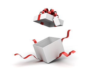 Poster - White present box or blank gift box with red ribbon bow and blank tag open isolated on white background with shadow 3D rendering