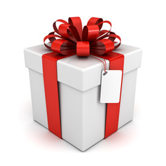 Poster - White present box or gift box with red ribbon bow and blank tag isolated on white background with shadow 3D rendering