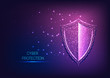 Futuristic glowing low polygonal guard shield symbol on dark blue to purple gradient background.